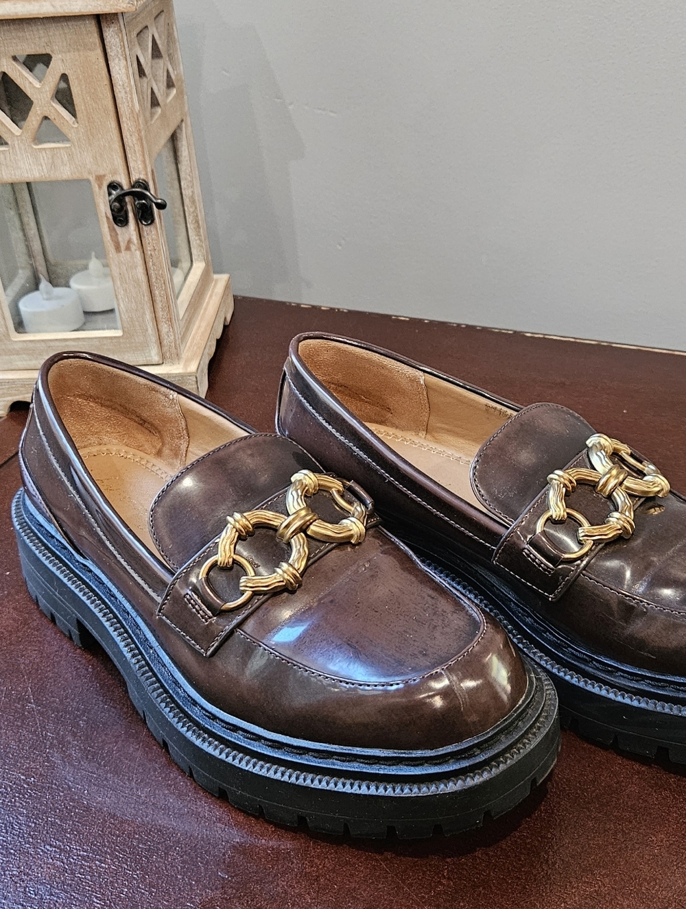 Circus by Sam Edelman Brown Leather Loafers with Gold Chain Trim